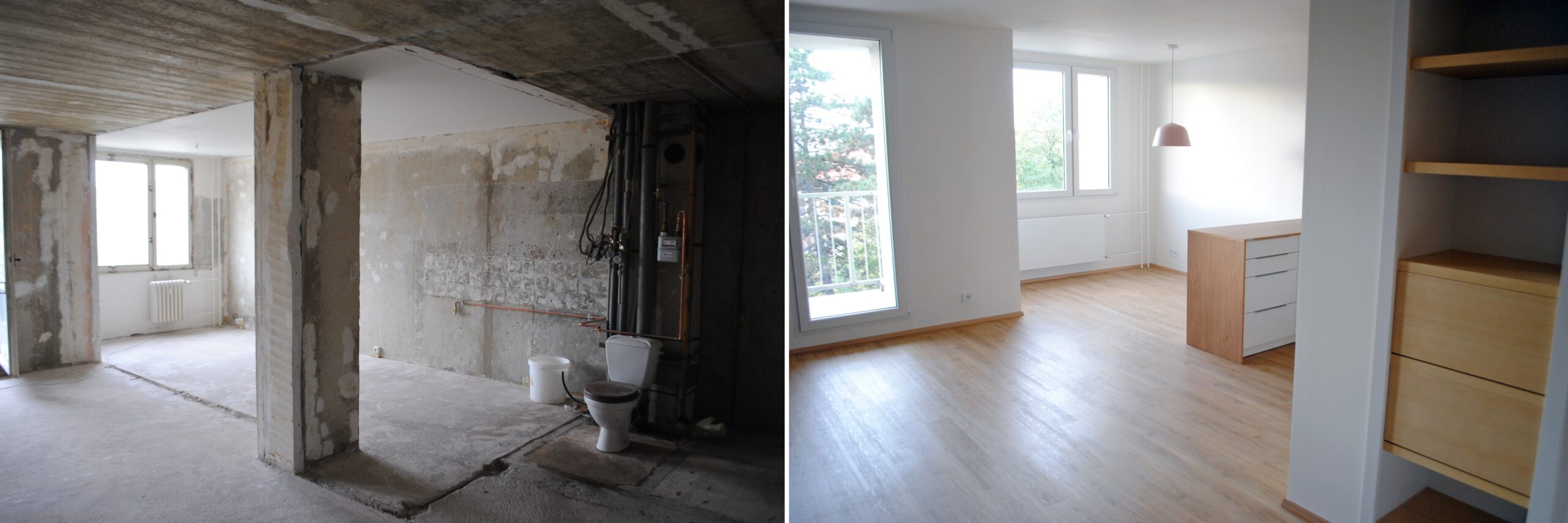 Pohled do bytu před a po rekonstrukci